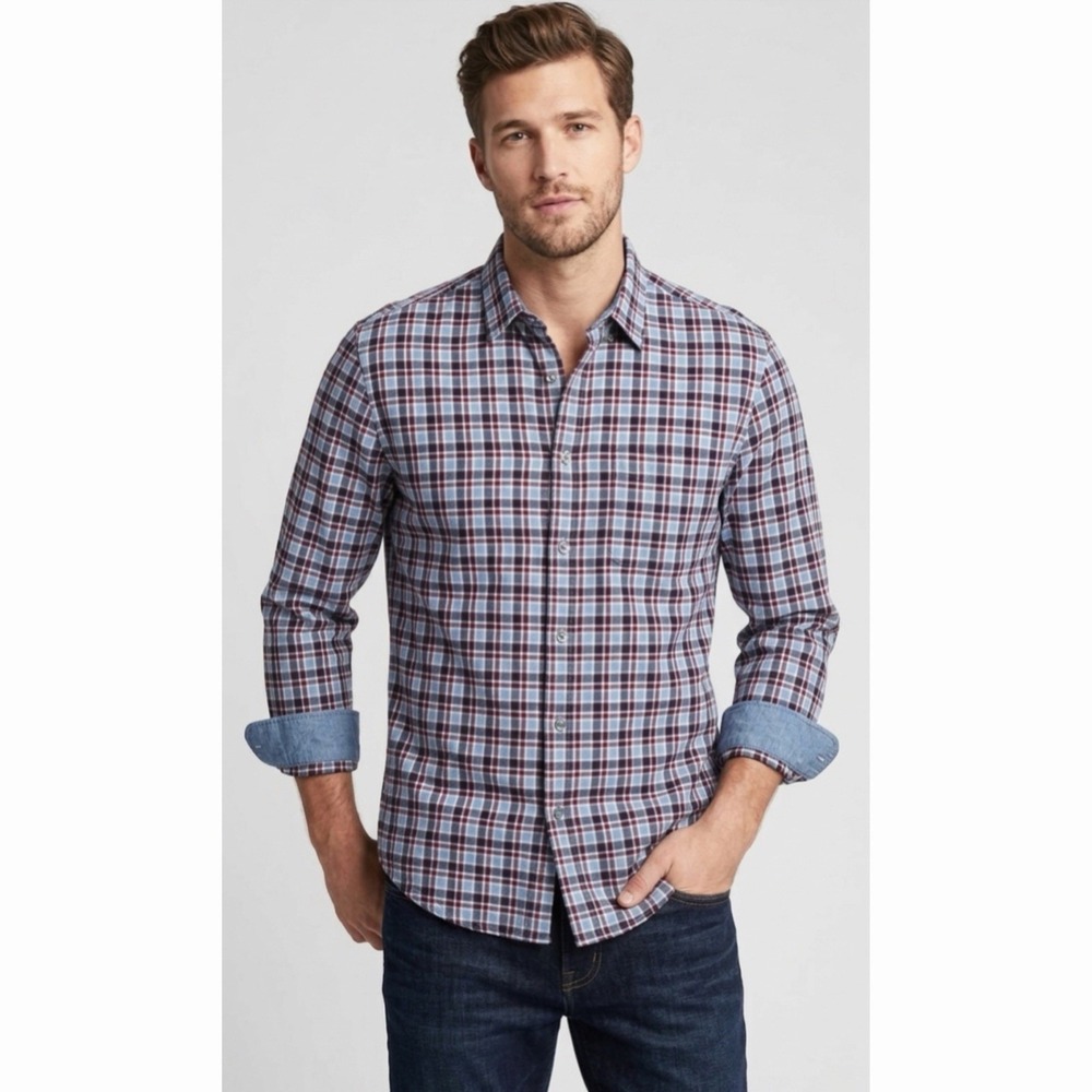 Banana Republic Plaid Shirt Mens Medium Tailored Slim Fit Long Sleeve Red Blue